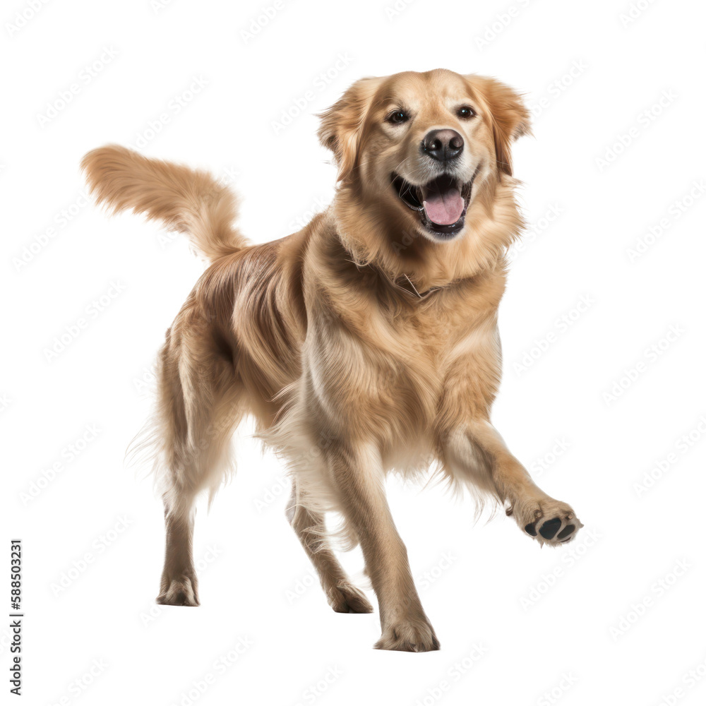 Happy Golden retriever jumping, isolated background. Generative AI
