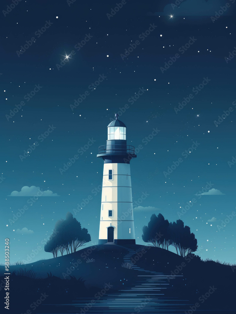 A lighthouse standing tall against a starry sky.. AI generation.