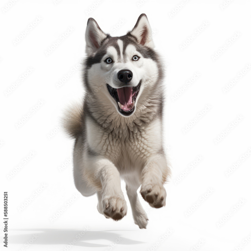Happy Husky dog jumping, isolated background. Generative AI