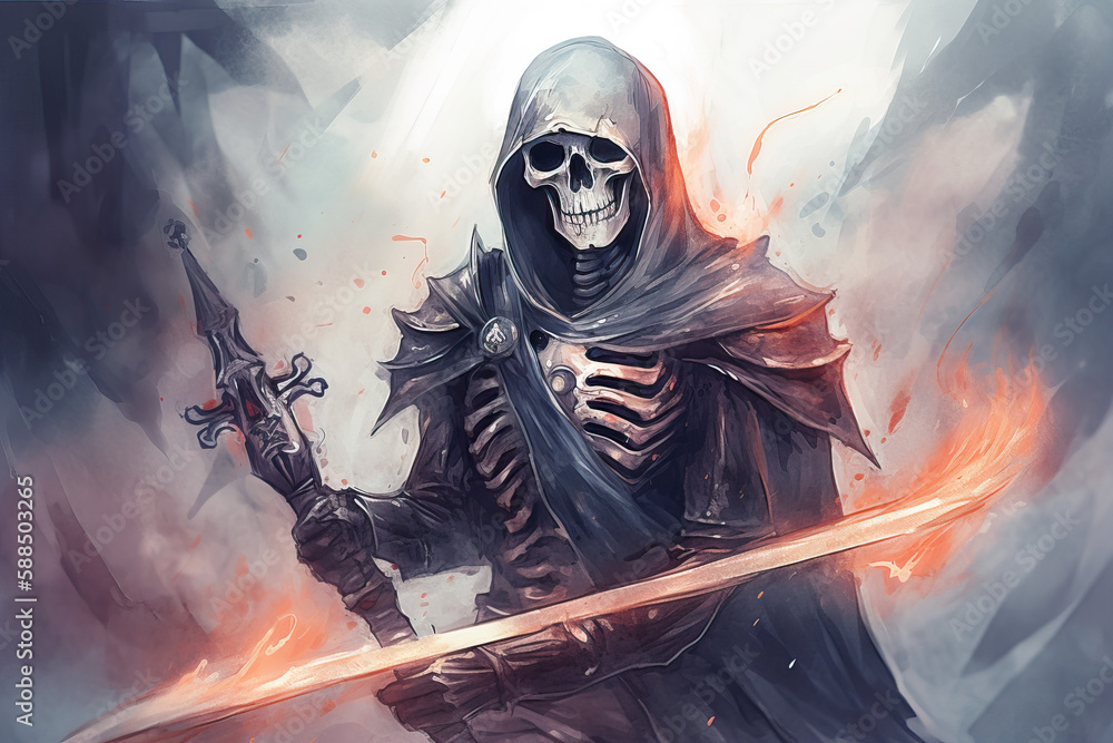 a skeleton with swords is standing in the fire Generative AI a skeleton with swords is standing in the fire Generative AI