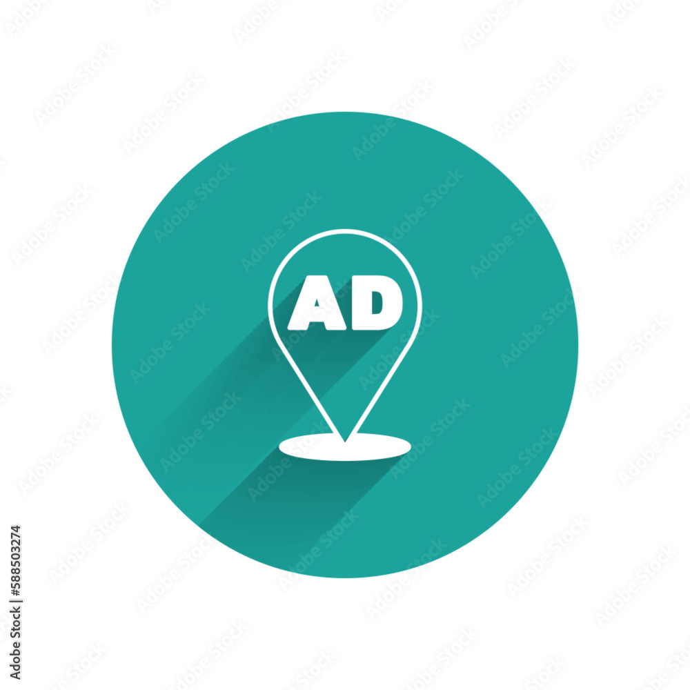 White Advertising icon isolated with long shadow. Concept of marketing and promotion process. Responsive ads. Social media advertising. Green circle button. Vector White Advertising icon isolated with long shadow. Concept of marketing and promotion process. Responsive ads. Social media advertising. Green circle button. Vector