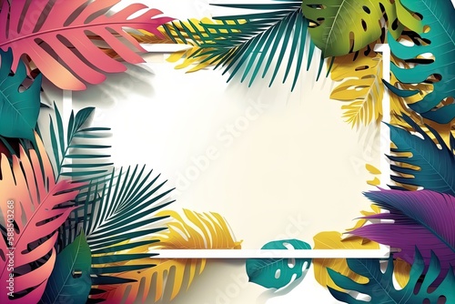 Minimalistic summer background with colorful empty space and realistic tropical leaves for summer exotic style design.