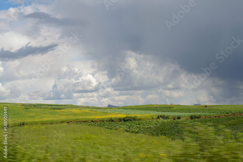 Landscape, wallpaper background, green meadows and beautiful sky with clouds