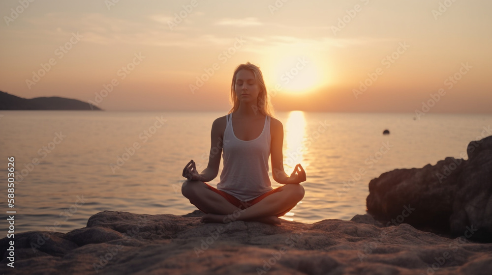 AI generated Young woman practicing yoga in front of the sea at sunset, Beautiful girl meditate outdoor with handpalms joined over the head , Harmony, meditation, healthy lifestyle and travel concept AI generated Young woman practicing yoga in front of the sea at sunset, Beautiful girl meditate outdoor with handpalms joined over the head , Harmony, meditation, healthy lifestyle and travel concept