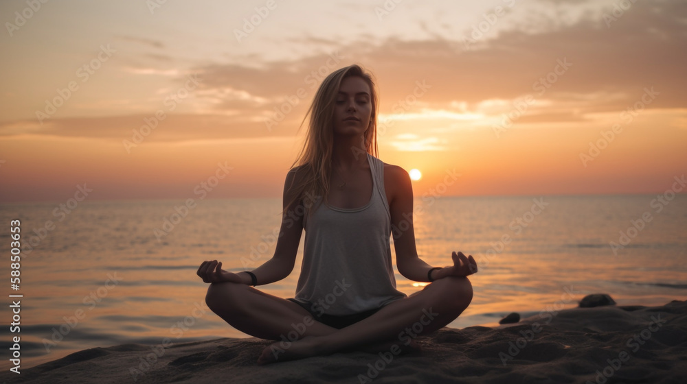 AI generated Young woman practicing yoga in front of the sea at sunset, Beautiful girl meditate outdoor with handpalms joined over the head , Harmony, meditation, healthy lifestyle and travel concept
