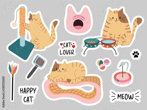 Vector set of cute stickers with cat accessories. Cute pet cat. Pet store equipment. Cat scratcher, toys, fluffer, soft seat, plates, cat house. Inscriptions meow, cat lover, happy cat.