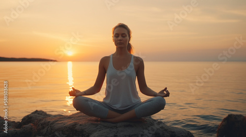 AI generated Young woman practicing yoga in front of the sea at sunset, Beautiful girl meditate outdoor with handpalms joined over the head , Harmony, meditation, healthy lifestyle and travel concept