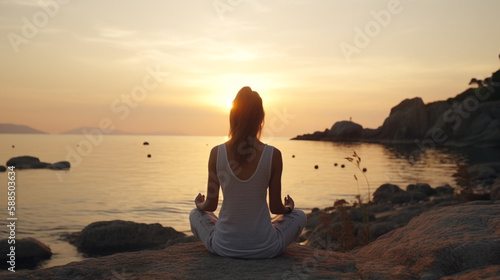 Young woman practicing yoga in front of the sea at sunset, Beautiful girl meditate outdoor with handpalms joined over the head , Harmony, meditation, healthy lifestyle and travel concept