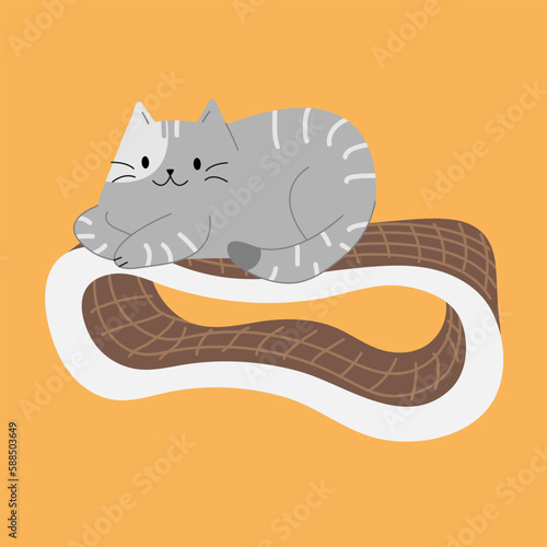 Cute cat lying on the scratching post. Vector illustration with a domestic cat. Orange isolated background. Pet store theme.