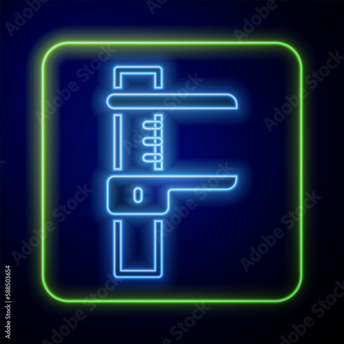 Glowing neon Calliper or caliper and scale icon isolated on blue background. Precision measuring tools. Vector