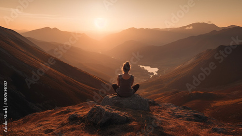 Young woman practicing yoga in mountains at sunset panoramic banner. Harmony  meditation  healthy lifestyle  relaxation  yoga  self care  mindfulness concept