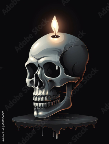 A ghostly skull lit by a single candle the gloom of the shadows adding to its sinister aura. Gothic art. AI generation.