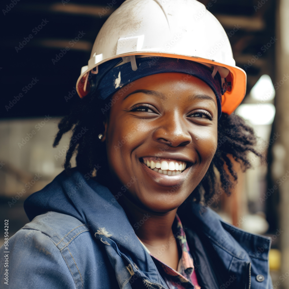 African American woman wearing work uniform, safety gear, generative ai