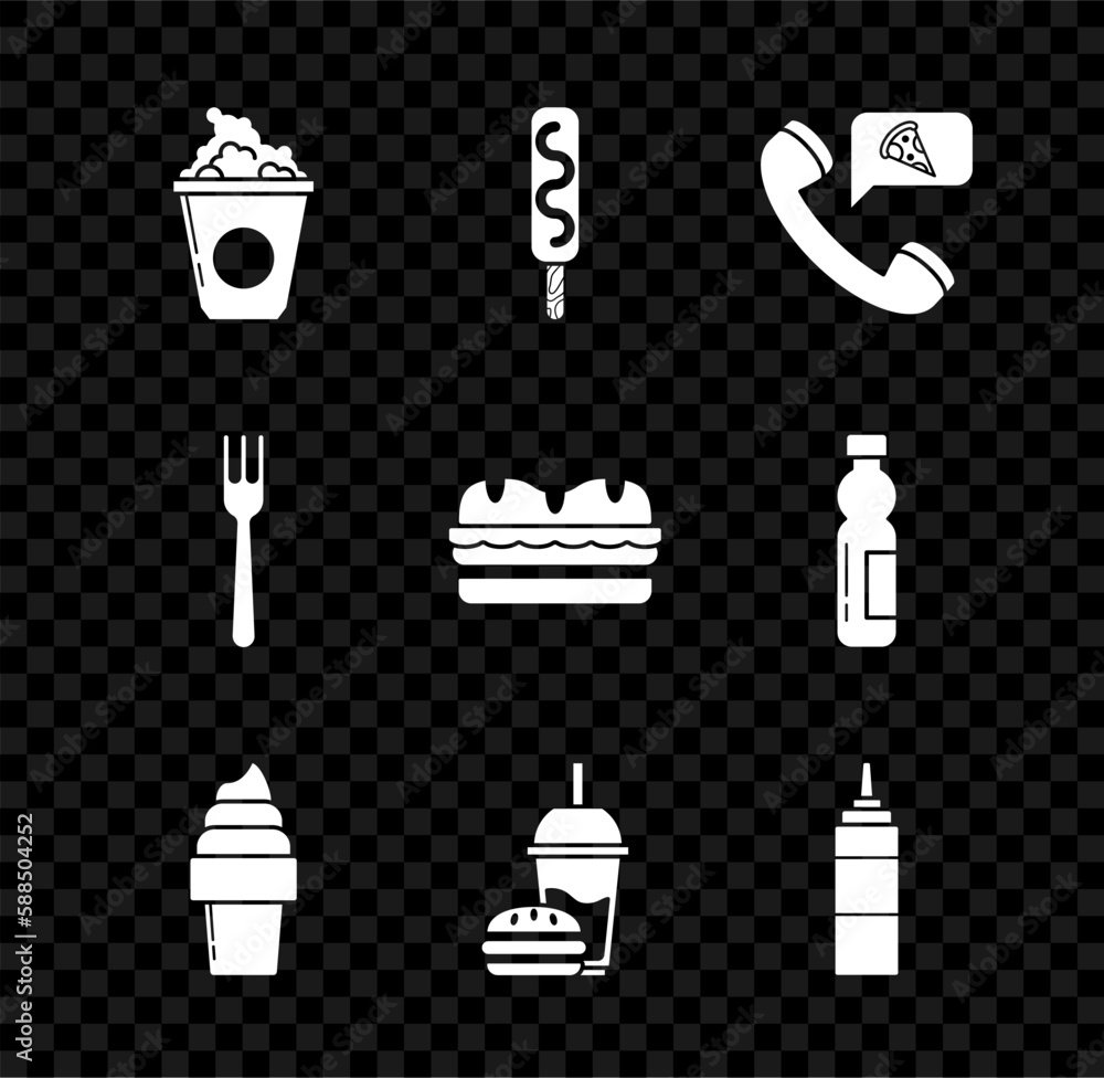 Set Popcorn in cardboard box, Ice cream, Food ordering pizza, waffle cone, Paper glass with drinking straw and burger, Sauce bottle, Fork and Sandwich icon. Vector