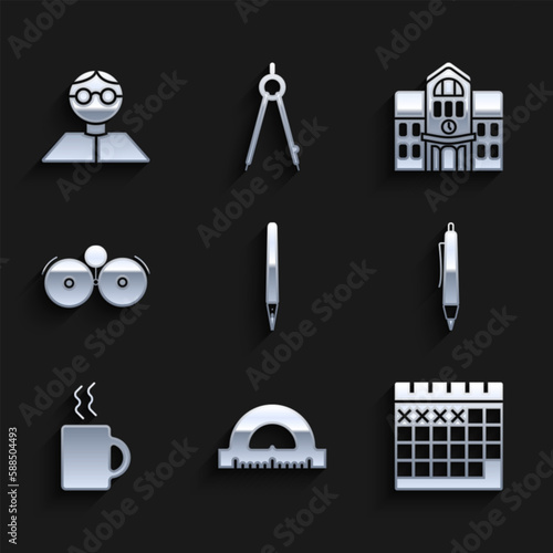 Set Pen, Protractor grid for measuring degrees, Calendar, Coffee cup, Ringing alarm bell, School building and Student icon. Vector
