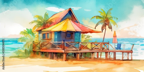 watercolor painting vacation resort and cabana  generative AI Art
