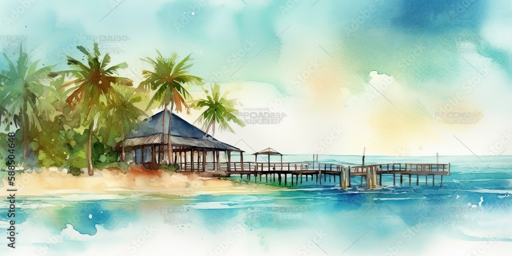 watercolor painting vacation resort and cabana, generative AI Art