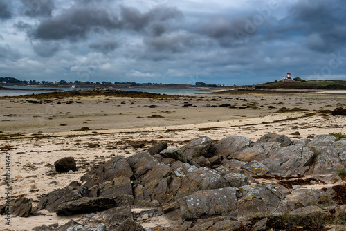 Beach Of Saint Cava With Lighthouse On Finistere Island Wrach In Brittany, France