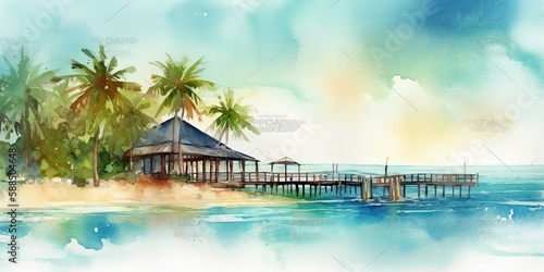 watercolor painting vacation resort and cabana, generative AI Art © meredith blaché 