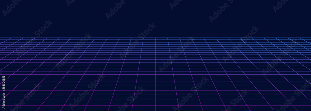 Fototapeta premium Perspective grid abstract background. Wireframe neon landscape banner in 80s style