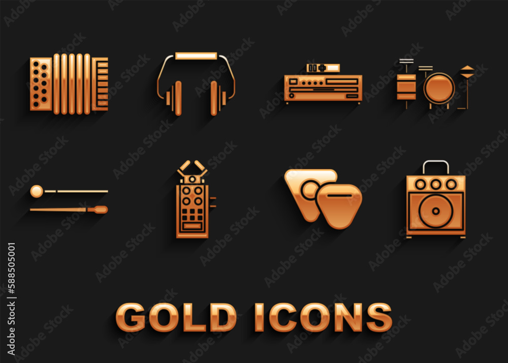 Set Microphone, Drums, Guitar amplifier, pick, sticks, Music CD player, Musical instrument accordion and Headphones icon. Vector Set Microphone, Drums, Guitar amplifier, pick, sticks, Music CD player, Musical instrument accordion and Headphones icon. Vector