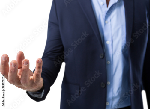 Mid section of businessman holding invisible product