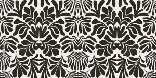 Black and white abstract background with tropical palm leaves in Matisse style. Vector seamless pattern with Scandinavian cut out elements.