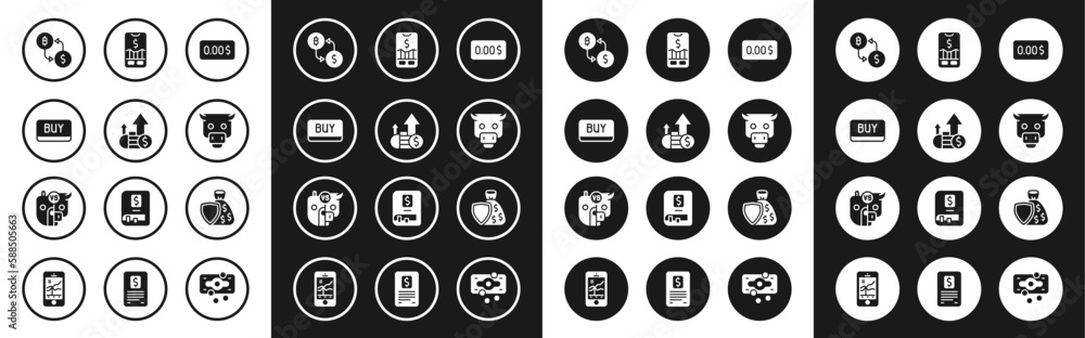 Set Zero cost, Financial growth and coin, Buy button, Cryptocurrency exchange, Bull market, Mobile stock trading, Shield money bag and bear of icon. Vector Set Zero cost, Financial growth and coin, Buy button, Cryptocurrency exchange, Bull market, Mobile stock trading, Shield money bag and bear of icon. Vector