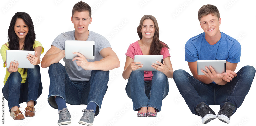 A group of people sitting beside each other with tablets while looking at the camera