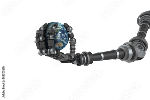 Black robotic hand holding earth