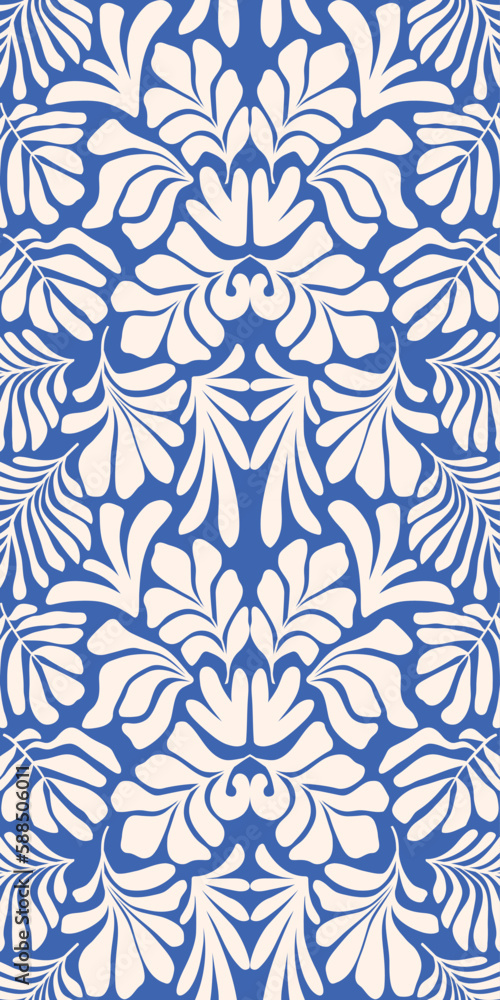 Blue white abstract background with tropical palm leaves in Matisse style. Vector seamless pattern with Scandinavian cut out elements.