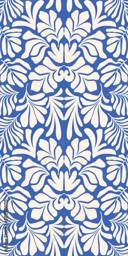 Blue white abstract background with tropical palm leaves in Matisse style. Vector seamless pattern with Scandinavian cut out elements.