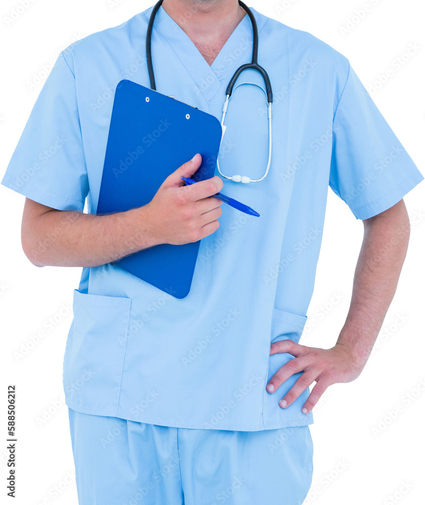 Male doctor holding clipboard and pen with hand on hip Male doctor holding clipboard and pen with hand on hip