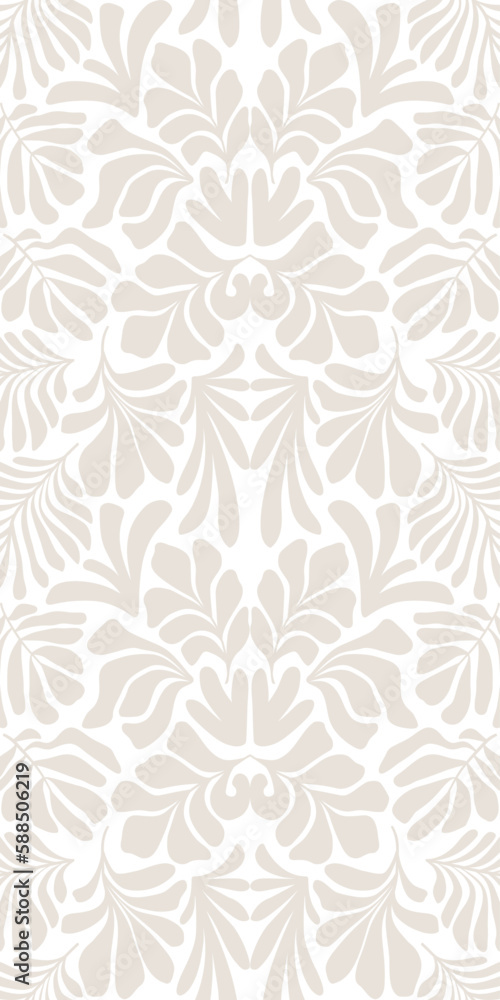 Beige white abstract background with tropical palm leaves in Matisse style. Vector seamless pattern with Scandinavian cut out elements. Beige white abstract background with tropical palm leaves in Matisse style. Vector seamless pattern with Scandinavian cut out elements.