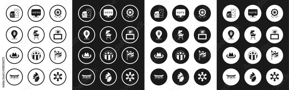 Set Medal with star, Barbecue grill, Eagle, Burger, Vote box, American flag and Western cowboy hat icon. Vector Set Medal with star, Barbecue grill, Eagle, Burger, Vote box, American flag and Western cowboy hat icon. Vector