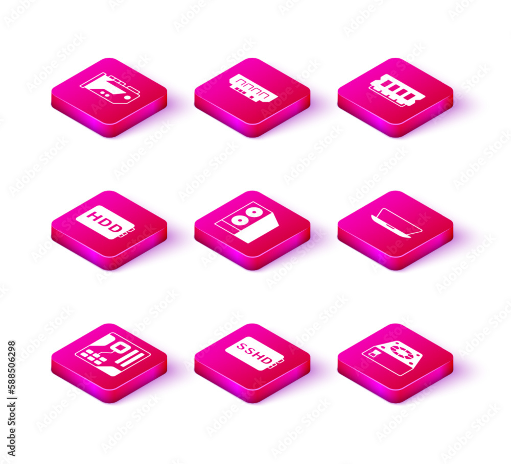 Set Motherboard digital chip, SSHD card, Hard disk drive HDD, Case of computer, Computer cooler, Laptop, RAM, random access memory and icon. Vector Set Motherboard digital chip, SSHD card, Hard disk drive HDD, Case of computer, Computer cooler, Laptop, RAM, random access memory and icon. Vector