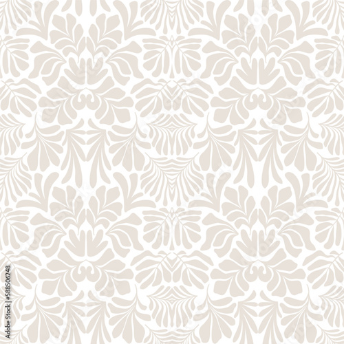 Beige white abstract background with tropical palm leaves in Matisse style. Vector seamless pattern with Scandinavian cut out elements.