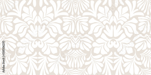 Beige white abstract background with tropical palm leaves in Matisse style. Vector seamless pattern with Scandinavian cut out elements.