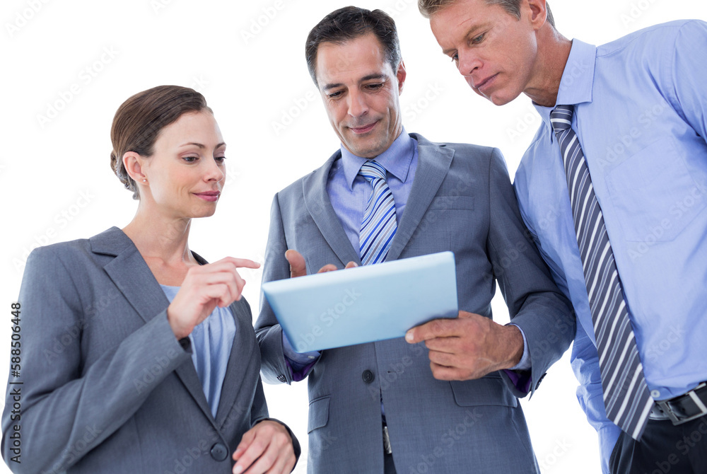 Businessman showing tablet to his colleagues Businessman showing tablet to his colleagues