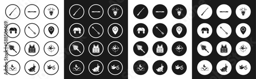 Set Deer head with antlers, Hipster arrow, Hunter hat, Hunting gun, place, Trap hunting, on duck crosshairs and tip icon. Vector