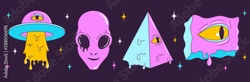 Psychedelic retro cartoon character set. Modern stickers in trendy Y2K style with flying saucer, alien, pyramid, carved trippy eye. Funny faces, vibrant colors. Crazy vector illustration.