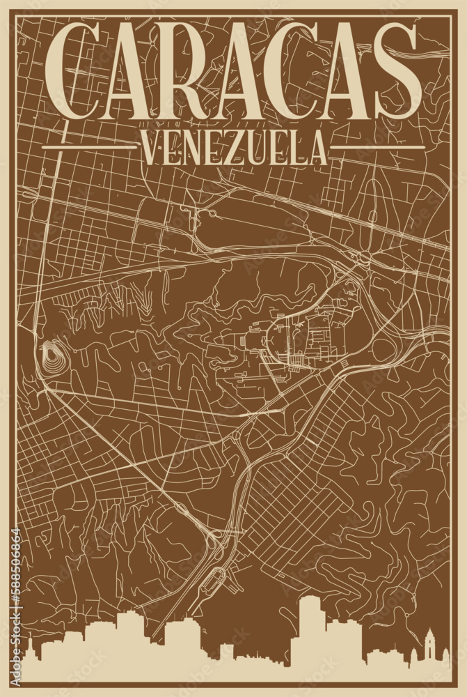 Colorful hand-drawn framed poster of the downtown CARACAS, VENEZUELA with highlighted vintage city skyline and lettering