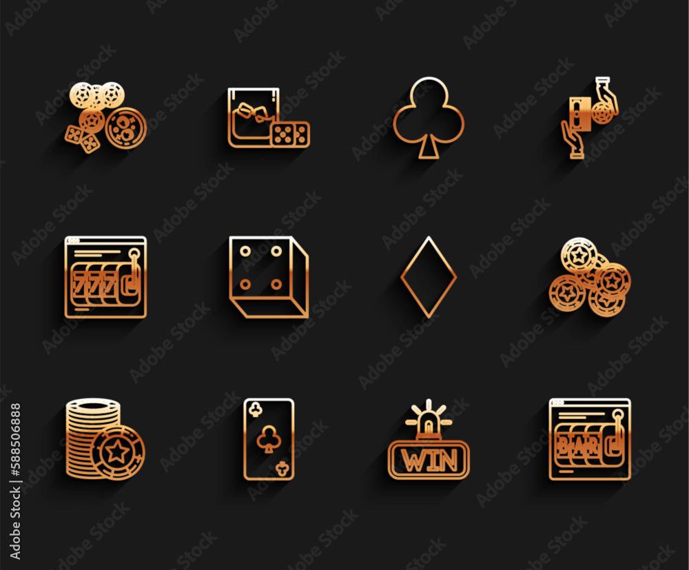 Set line Casino chips, Playing card with clubs symbol, game dice and glass of whiskey ice cubes, win, Online slot machine, Game, and diamonds icon. Vector Set line Casino chips, Playing card with clubs symbol, game dice and glass of whiskey ice cubes, win, Online slot machine, Game, and diamonds icon. Vector