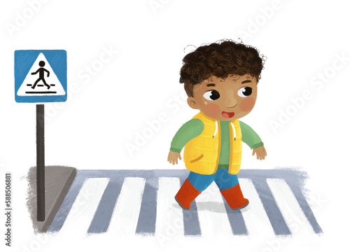 cartoon scene with child boy going through crossing in the city street illustration for kids photo