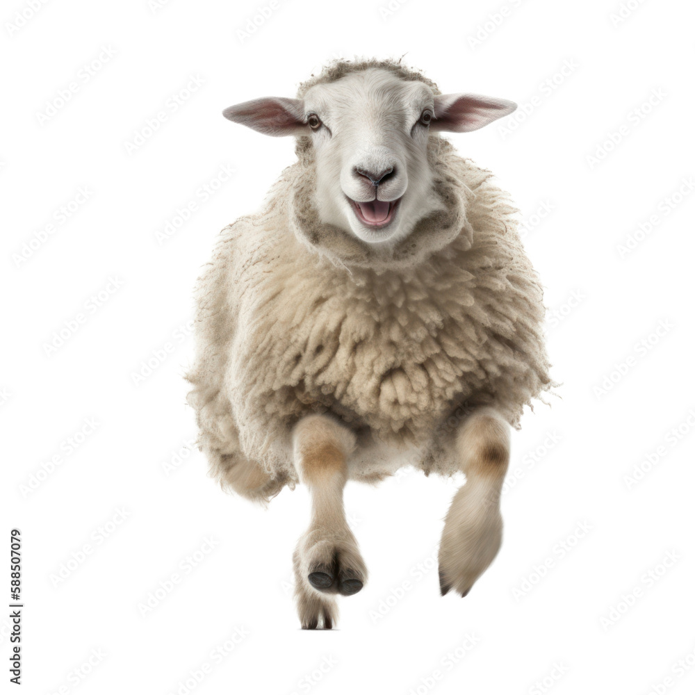 Happy sheep jumping, isolated background. Generative AI