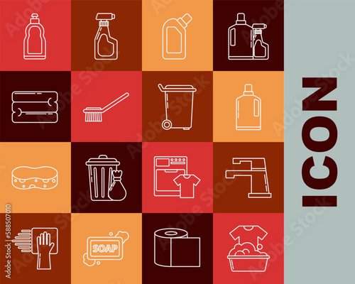 Set line Plastic basin with soap suds, Water tap, bottles for liquid dishwashing liquid, Toilet brush, Towel stack, and Trash can icon. Vector