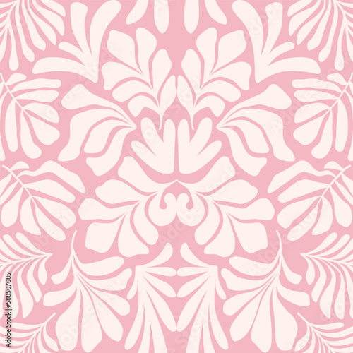 Pink white abstract background with tropical palm leaves in Matisse style. Vector seamless pattern with Scandinavian cut out elements. © Oleksandra