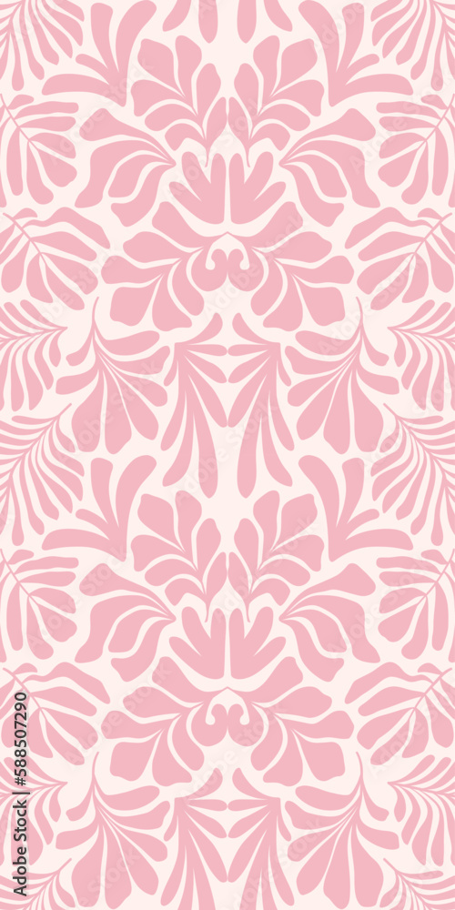 Pink white abstract background with tropical palm leaves in Matisse style. Vector seamless pattern with Scandinavian cut out elements.