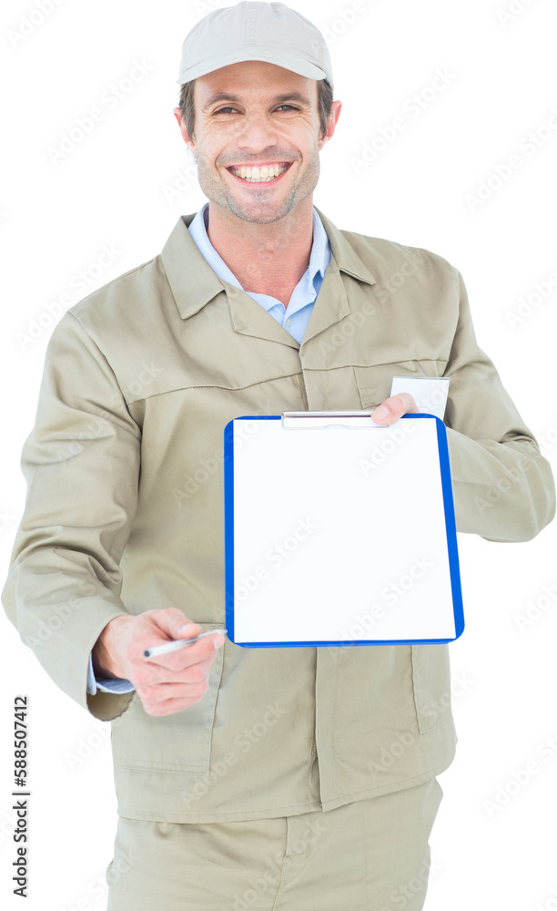 Happy delivery man giving clipboard and pen for signature Happy delivery man giving clipboard and pen for signature