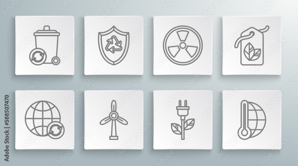 Set line Planet earth and a recycling, Recycle symbol inside shield, Wind turbine, Electric saving plug leaf, Meteorology thermometer measuring, Radioactive, Tag with and recycle icon. Vector Set line Planet earth and a recycling, Recycle symbol inside shield, Wind turbine, Electric saving plug leaf, Meteorology thermometer measuring, Radioactive, Tag with and recycle icon. Vector